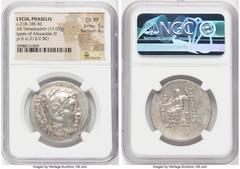 Ancients Greek LYCIA. Phaselis. Ca. 218-185 BC. AR tetradrachm (31mm, 17.03 gm, 12h). NGC Choice XF 5/5 - 4/5. Name and types of Alexander III the Great of Macedon, dated Civic Year 6 (213/2 BC). Head
