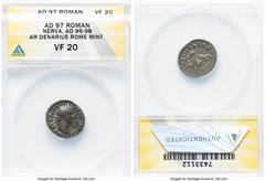 Ancients Roman Imperial Nerva (AD 96-98). AR denarius (18mm, 6h). ANACS VF 20. Rome. IMP NERVA CAES AVG P M TR POT, laureate head of Nerva right / COS III PATER PATRIAE, emblems of the pontificate: si