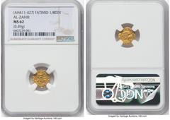 Islamic Dynasties Fatimid Fatimid. al-Zahir gold 1/8 Dinar ND (AH 411-427 / AD 1021-1036) MS62 NGC, A-unl, ICV-unl. 0.49gm. This particular denomination of fractional dinar (for al-Zahir) is seldomly 