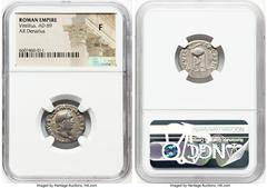 Ancients Roman Imperial Vitellius (late April-20 December AD 69). AR denarius (18MM, 6H). NGC Fine, flan flaw. Rome. A VITELLIVS GERMAN IMP TR P, laureate head of Vitellius right / XV VIR-SACR FAC, tr