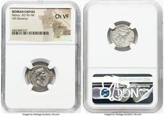 Ancients Roman Imperial Nerva (AD 96-98). AR denarius (20mm, 7h). NGC Choice VF, brushed. Rome, AD 97. IMP NERVA CAES AVG-P M TR P COS III P P, laureate head of Nerva right / FORTVNA P R, Fortuna seat