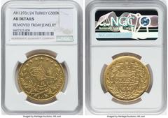 Islamic Dynasties Ottoman Empire Ottoman Empire. Abdul Hamid II gold 500 Kurush AH 1293 Year 24 (1898/1899) AU Details (Removed From Jewelry) NGC, Constantinople mint (in Turkey), KM733. HID0540124201