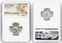 Ancients Roman Imperial Balbinus (April-July AD 238). AR denarius (20mm, 6h). NGC XF. Rome. IMP C D CAEL BALBINVS AVG, laureate, draped, and cuirassed bust of Balbinus right, seen from front / PROVIDE