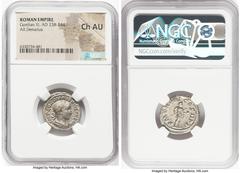 Ancients Roman Imperial Gordian III, as Augustus (AD 238-244). AR denarius (20mm, 12h). NGC Choice AU. Rome, 4th issue, AD 241-243. IMP GORDIANVS PIVS FEL AVG, laureate, draped and cuirassed bust of G