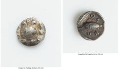 Ancients Greek LESBOS. Methymna. Ca. 450-400 BC. AR tetartemorion (6mm, 0.18 gm, 11h). XF. Turtle with round, patterned shell / MA-ΘN, dolphin left in incuse square punch. BMC -. SNG Kayhan -. SNG Ros