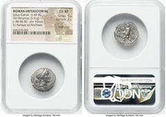 Ancients Roman Republic Julius Caesar, as Dictator (49-44 BC). AR denarius (18mm, 3.41 gm, 6h). NGC Choice XF 5/5 - 2/5, edge chips. Military mint traveling with Caesar in North Africa, ca. 48-46 BC. 