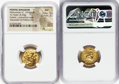 Ancients Greek PONTIC KINGDOM. Mithradates VI Eupator (120-63 BC). AV stater (19mm, 8.20 gm, 12h). NGC AU 5/5 - 3/5. Late posthumous issue in the name and types of Lysimachus of Thrace, Callatis, peri