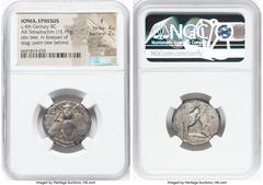 Ancients Greek IONIA. Ephesus. Ca. 4th century BC. AR tetradrachm (22mm, 15.15 gm, 12h). NGC Fine 4/5 - 2/5, marks. Ca. 340-325 BC. Eochorus, magistrate. E-Φ, bee with straight wings seen from above /