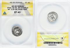 Ancients Roman Imperial Otho (January-April AD 69). AR denarius (18mm, 3.25 gm, 6h). ANACS XF 40. Rome. IMP M OTHO CAESAR AVG TR P, bare, bewigged head of Otho right / PAX ORB-IS-TERRARVM, Pax standin