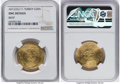 Islamic Dynasties Ottoman Empire Ottoman Empire. Mahmud II gold 2 Rumi Altin AH 1223 Year 11 (1817/1818) UNC Details (Bent) NGC, Constantinople mint (in Turkey), KM614. HID05401242017 © 2022 Heritage 