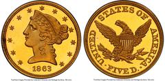 Proof Liberty Half Eagles 1863 $5 PR65 Deep Cameo PCGS. JD-1, High R.6. Ex: Harry W. Bass, Jr. Collection. The proof 1863 half eagle is much rarer than is sometimes realized. Of the mere 30 pieces str