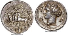 Ancients Greek SICILY. Syracuse. Unsigned dies by Kimon, ca. 405-400 BC. AR decadrachm (40mm, 43.21 gm, 9h). NGC Choice XF S 4/5 - 5/5, Fine Style. Racing quadriga driven left by charioteer, reins in 