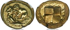Ancients Greek MYSIA. Cyzicus. Ca. 450-350 BC. EL stater (20mm, 16.07 gm). NGC AU S 5/5 - 4/5. Heracles, nude, kneeling right, both arms wrapped around neck of the Nemean lion, which crouches left, tr