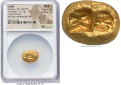 Ancients Greek LYDIAN KINGDOM. Croesus (561-546 BC). AV stater (17mm, 10.77 gm). NGC MS S 5/5 - 5/5. Sardes, "heavy" standard, ca. 561-550 BC. Confronted foreparts of lion right and bull left, both wi