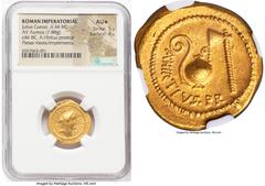 Ancients Roman Republic Julius Caesar, as Consul for the Third Time (46 BC), with Aulus Hirtius, as Praetor. AV aureus (21mm, 7.88 gm, 2h). NGC AU S 5/5 - 4/5. Rome, 46 BC. C•CAESAR-COS•TER, veiled fe