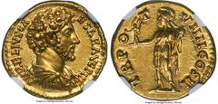 Ancients Roman Imperial Marcus Aurelius, as Caesar (AD 161-180). AV aureus (19mm, 7.21 gm, 12h). NGC Choice AU 5/5 - 4/5, Fine Style. Rome, AD 154-155. AVRELIVS CA-ESAR AVG PII F, bare-headed, draped,