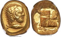 Ancients Greek MYSIA. Cyzicus. Ca. 450-350 BC. EL stater (19mm, 15.99 gm). NGC Choice VF 5/5 - 3/5, Fine Style, scuff. Head of Heracles right, wearing lion skin headdress; tunny right below / Quadripa