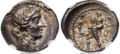 Ancients Roman Republic Julius Caesar, as Dictator (49-44 BC). AR denarius (19mm, 3.87 gm, 6h). NGC Choice AU 5/5 - 5/5. Military mint traveling with Caesar in North Africa, ca. 48-46 BC. Diademed hea