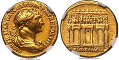 Ancients Roman Imperial Trajan (AD 98-117). AV aureus (19mm, 6.84 gm, 7h). NGC Choice VF 5/5 - 4/5. Rome, ca. AD 112-113. IMP•TRAIANO AVG GER DAC P M TR P COS VI P P, laureate, draped, and cuirassed b