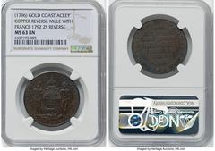 Gold Coast British Outpost. George III copper Mint Error - Mule Ackey ND (1796) MS63 Brown NGC, FT-11. Struck using the obverse die of a Gold Coast 1796 Ackey (KM-Tn6) and a reverse die of a French 17