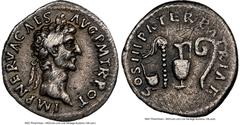 Ancients Roman Imperial Nerva (AD 96-98). AR denarius (18mm, 7h). NGC Fine, scratches. Rome. IMP NERVA CAES-AVG P M TR POT, laureate head of Nerva right / COS III PATER PATRIAE, emblems of the pontifi