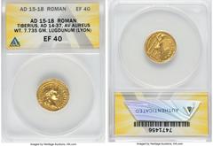 Ancients Roman Imperial Tiberius (AD 14-37). AV aureus (19mm, 7.74 gm, 7h). ANACS XF 40. Lugdunum, ca. AD 14-17. TI CAESAR DIVI-AVG F AVGVSTVS, laureate head of Tiberius right / PONTIF-MAXIM, Livia, a
