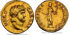 Ancients Roman Imperial Nero, as Augustus (AD 54-68). AV aureus (17mm, 7.27 gm, 4h). NGC Choice XF 4/5 - 3/5. Rome, ca. AD 64-65. NERO-CAESAR, laureate, bearded head of Nero right / AVGVSTVS-GERMANICV