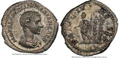 Ancients Roman Imperial Diadumenian, as Caesar (AD 218). AR denarius (19mm, 3.06 gm, 7h). NGC AU 5/5 - 3/5. Rome. M OPEL ANT DIADVMENIAN CAES, bareheaded, draped, cuirassed bust of Diadumenian right, 