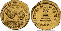 Ancients Byzantine Heraclius (AD 610-641), with Heraclius Constantine. AV solidus (20mm, 4.45 gm, 6h). NGC Choice AU 4/5 - 3/5. Constantinople, 8th officina, ca. AD 616-625. dd NN hЄRACLIЧS ЄT hЄRA CO