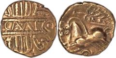 Britain, Trinovantes and Catuvellauni. Cunobelin. Ca. A.D. 10-43. AV 1/4 stater, (11 mm, 1.28 g, 11 h). Camulodunum. Inscription on central panel between pellet-in-annulets; around, open wreath / Two 