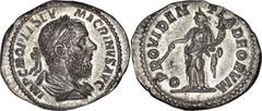 Macrinus. A.D. 217-218. AR denarius, (20 mm, 3.00 g, 6 h). Rome. Laureate and draped bust of Macrinus right / Providentia standing left, holding wand over globe and cornucopiae. RIC 80; BMC 73; RSC 10