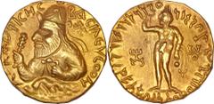 India, Kushan Empire. Vima Kadphises. Ca. A.D. 100-127/8. AV dinar, (20 mm, 8.03 g, 12 h). Mint A. Diademed and crowned half-length bust of Vima Kadphises left, arising from on clouds, holding mace-sc