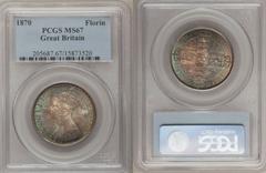 Victoria Gothic Florin 1870, S3893, Die #13, MS67 PCGS, Pristine Gem Uncirculated, superbly toned in vivid shades of reddish gold and blue iridescence over luminous satiny luster, the surfaces shimmer