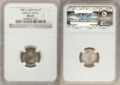 Victoria silver & gold Mint Set 1887, Jubilee Head currency pieces, eleven in all, £5 through Threepence, all carefully graded by NGC as follows, beginning with the smallest coin: 3d S3931 MS65 gem wi