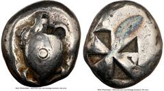 Ancients Greek SARONIC ISLANDS. Aegina. Ca. 525-475 BC. AR stater (19mm, 12.08 gm). NGC Fine 5/5 - 3/5, countermark. Sea turtle with smooth shell and thin collar, seen from above / Mill-sail pattern i