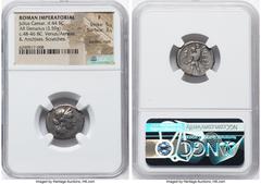 Ancients Roman Republic Julius Caesar, as Dictator (49-44 BC). AR denarius (18mm, 3.59 gm, 6h). NGC Fine 5/5 - 3/5, bankers mark, scratches. Military mint traveling with Caesar in North Africa, ca. 48