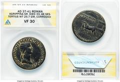 Ancients Roman Imperial Agrippina Senior (died AD 33). AE sestertius (34mm, 25.70 gm, 7h). ANACS VF 30, corroded. Rome, ca. AD 37-41. AGRIPPINA•M•F•MAT•C•CAESARIS•AVGVSTI, draped bust of Agrippina Sen