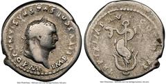 Ancients Roman Imperial Titus, as Augustus (AD 79-81). AR denarius (18mm, 12h). NGC Fine. Rome, AD 80. IMP TITVS CAES VESPASIAN AVG P M, laureate head of Titus right, seen from behind / TR P IX IMP XV