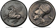 Ancients Greek CORINTHIA. Corinth. Ca. 4th century BC. AR stater (20mm, 8.58 gm, 2h). NGC Choice XF 5/5 - 3/5, ex-jewelry. Pegasus with pointed wing flying left; Ϙ below / Head of Athena left, wearing