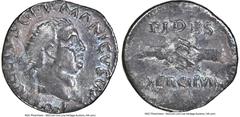 Ancients Roman Imperial Vitellius (late April-20 December AD 69). AR denarius (18mm, 6h). NGC Fine. Rome. A VITELLIVS GERMANICVS IMP, bare head of Vitellius right / FIDES / EXERCITVVM, two clasped rig