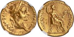 Ancients Roman Imperial Tiberius, as Augustus (AD 14-37). AV aureus (17mm, 7.63 gm, 3h). NGC AU 4/5 - 2/5, edge filing, marks. Lugdunum, ca. AD 14-17. TI CAESAR DIVI-AVG F AVGVSTVS, laureate head of T