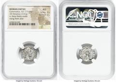 Ancients Roman Imperial Commodus, as Augustus (AD 177-192). AR denarius (17mm, 2.61 gm, 12h). NGC AU 4/5 - 3/5. Rome, AD 183-184. M COMMODVS-ANTON AVG PIVS, laureate head of Commodus right / TR P VIII