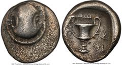 Ancients Greek BOEOTIA. Federal Coinage. Thebes. Ca. 4th century BC. AR hemidrachm (14mm, 12h). NGC Choice VF. Boeotian shield / B-OI, cantharus; across fields; ivy leaf to right, club right above, al