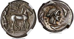 Ancients Greek SICILY. Syracuse. Deinomenid Tyranny. Hieron I (ca. 475-470 BC). AR tetradrachm (25mm, 17.43 gm, 3h). NGC AU S 5/5 - 4/5, die shift. Charioteer driving quadriga walking right, kentron i