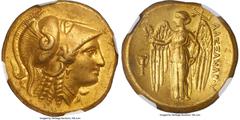Ancients Greek MACEDONIAN KINGDOM. Alexander III the Great (336-323 BC). AV distater (23mm, 17.19 gm, 9h). NGC AU 5/5 - 3/5, Fine Style, marks. Lifetime-early posthumous issue of Amphipolis, ca. 330-3