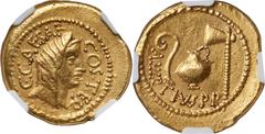 Ancients Roman Republic Julius Caesar, as Consul for the Third Time (46 BC), with Aulus Hirtius, as Praetor. AV aureus (20mm, 7.95 gm, 7h). NGC Choice XF 5/5 - 3/5. Rome. C•CAESAR-COS•TER, veiled fema