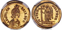 Ancients Roman Imperial Aelia Pulcheria, Eastern Roman Empire (AD 414-453). AV solidus (21mm, 4.46 gm, 5h). NGC Choice MS 5/5 - 4/5. Constantinople, AD 423-425. AEL PVLCH-ERIA AVG, pearl-diademed, dra