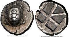 Ancients Greek SARONIC ISLANDS. Aegina. Ca. 457-350 BC. AR stater (20mm, 12.41 gm). NGC Choice VF 5/5 - 5/5. Ca. 445/4-430 BC. Land tortoise with segmented shell, seen from above / Five-part incuse wi