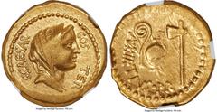 Ancients Roman Republic Julius Caesar, as Consul for the Third Time (46 BC), with Aulus Hirtius, as Praetor. AV aureus (19mm, 7.95 gm, 5h). NGC Choice VF 4/5 - 5/5. Rome. C•CAESAR-COS•TER, veiled fema