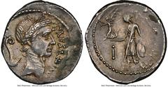 Ancients Roman Republic Julius Caesar, as Imperator (ca. February-March 44 BC), with Marcus Mettius, as Moneyer. AR denarius (19mm, 3.98 gm, 6h). NGC AU 4/5 - 3/5. Rome. CAESAR•IMP, laureate head of J